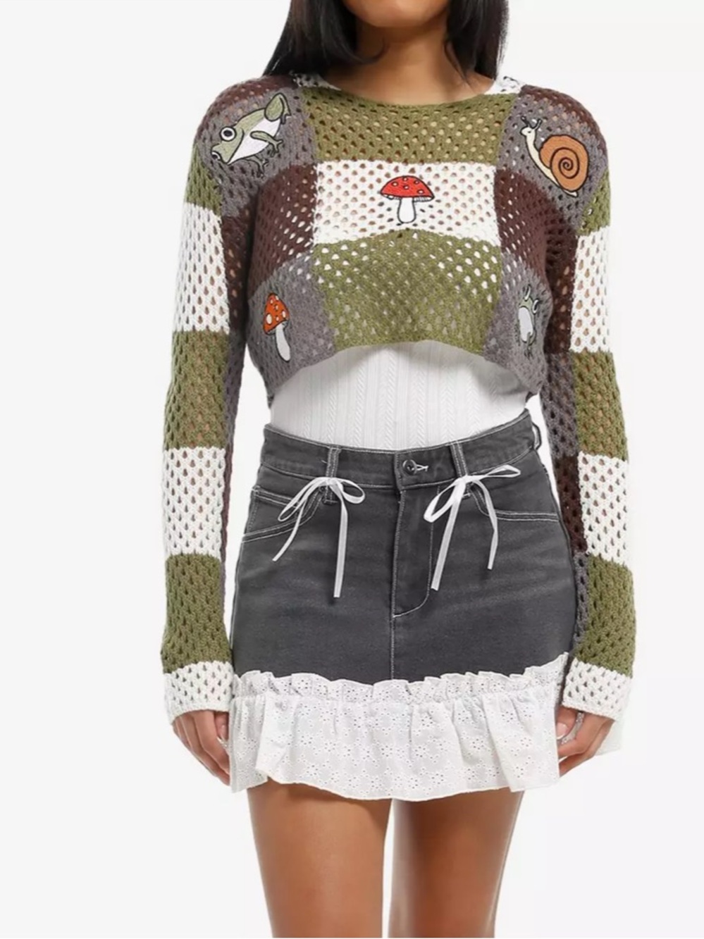 Thorn & Fable Frog Mushroom Crop Sweater M Open Knit Cottagecore NWT